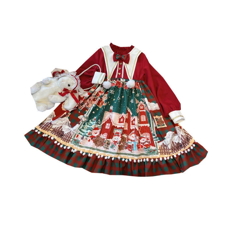 

Autumn Winter Women Sweet Lolita Op Dress New Year Christmas Cartoon Print Dress Girls Kawaii Bow Party Red Princess Dresses