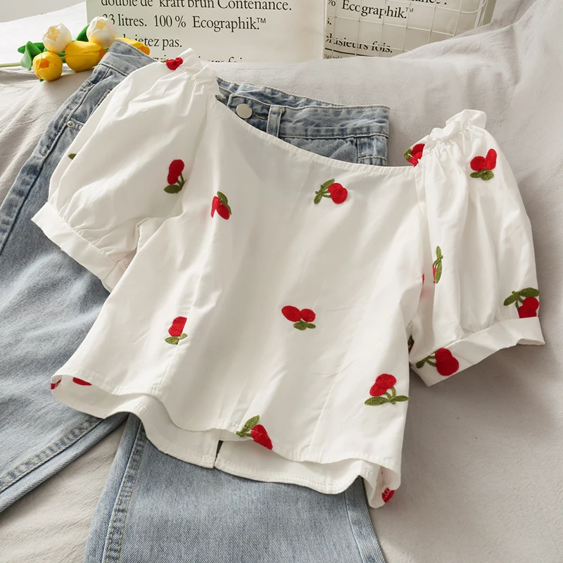 Женская блузка с вышивкой в виде фруктов Pearl Diary белый укороченный топ пышными