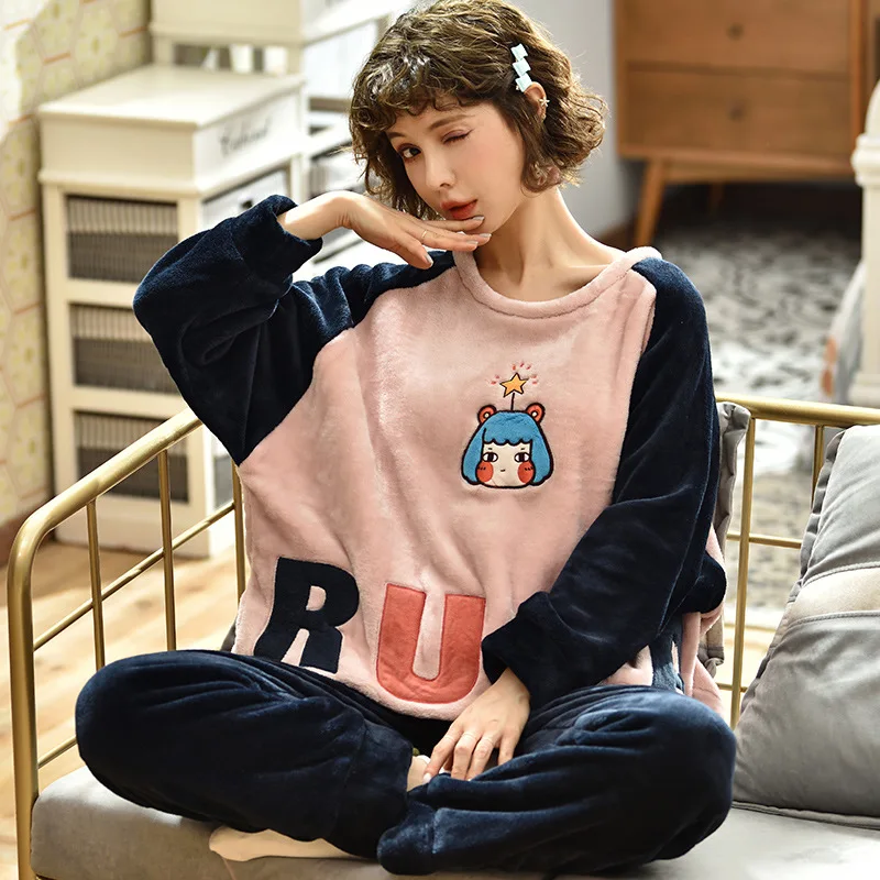 LYun Пижама женская осень и зима коралловый бархат плюс толстый фланелевый пуловер