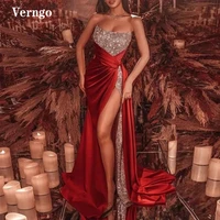 verngo 2021 sparkly beads long burgundy prom dresses mermaid strapless high slide slit sweep train evening gowns