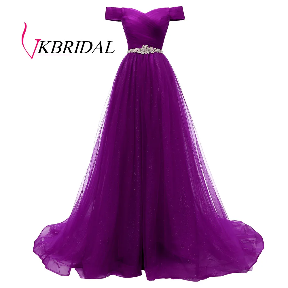 violet VKBRIDAL, Красное длинное вечернее платье с открытыми плечами и поясом, расшитое бисером, винтажные платья для выпускного вечера, vestido de festa, недорогое вечернее платье со шнуровкой на спине - Цвет: violet