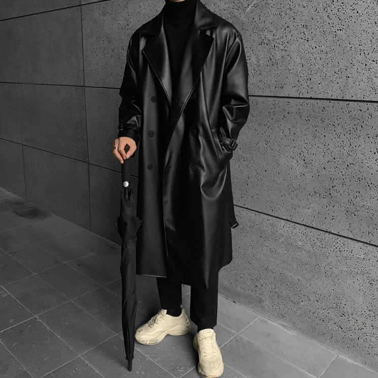 

Fashionable male 100 take copy leather handsome trench coat punk in the long double-breasted black leather coat male