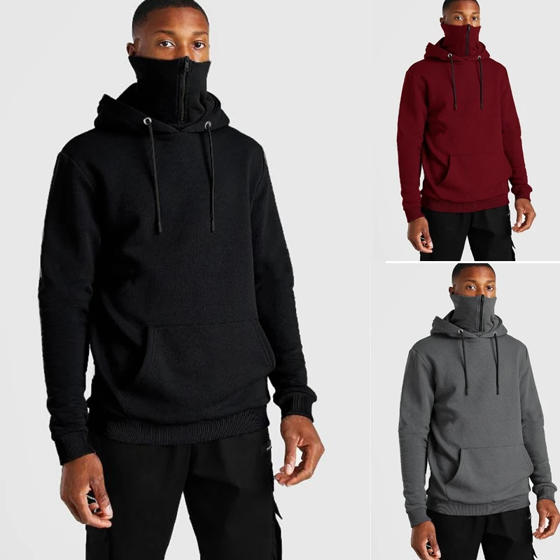 Hoodies Men 2020 New Winter Fashion Casual Men's Pure Color Hooded Mask Zipper Loose Velvet Long Sleeve Men's Hoodie