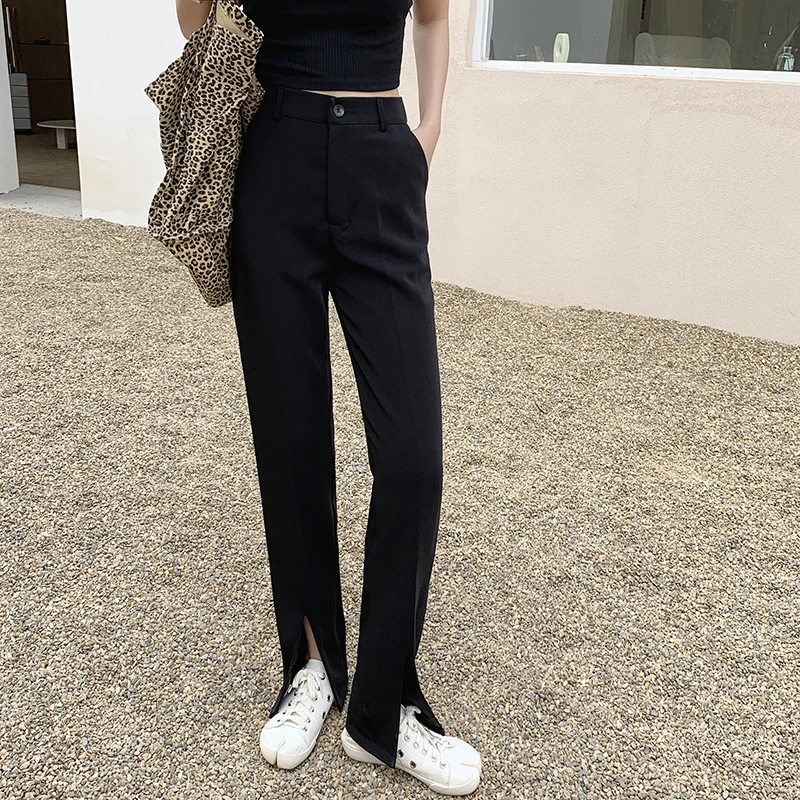 

HziriP Black OL Loose Chic Solid 2021 Casual Stylish Brief Wide Leg Pants All Match High Street Femme Plus Size Split Trousers