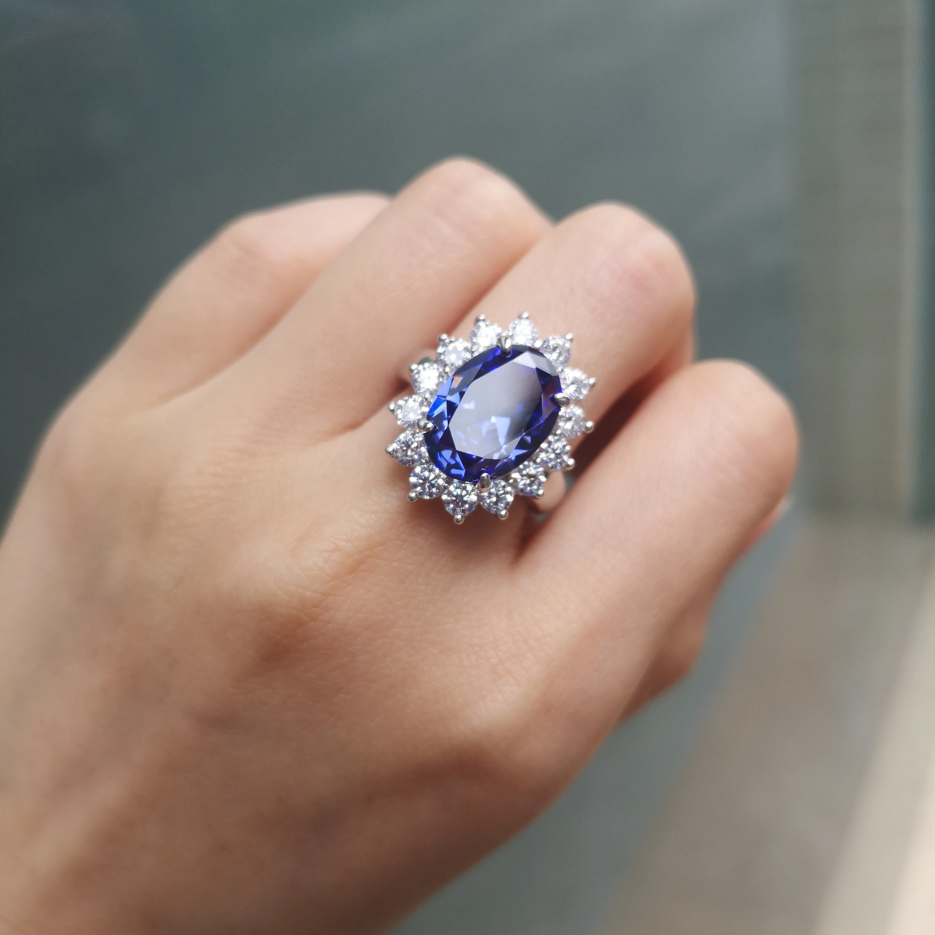 

Newshe 6 Carats Engagement Ring Blue Oval AAA CZ 925 Sterling Silver Cocktail Rings Gift Jewelry For Women Size 5-12