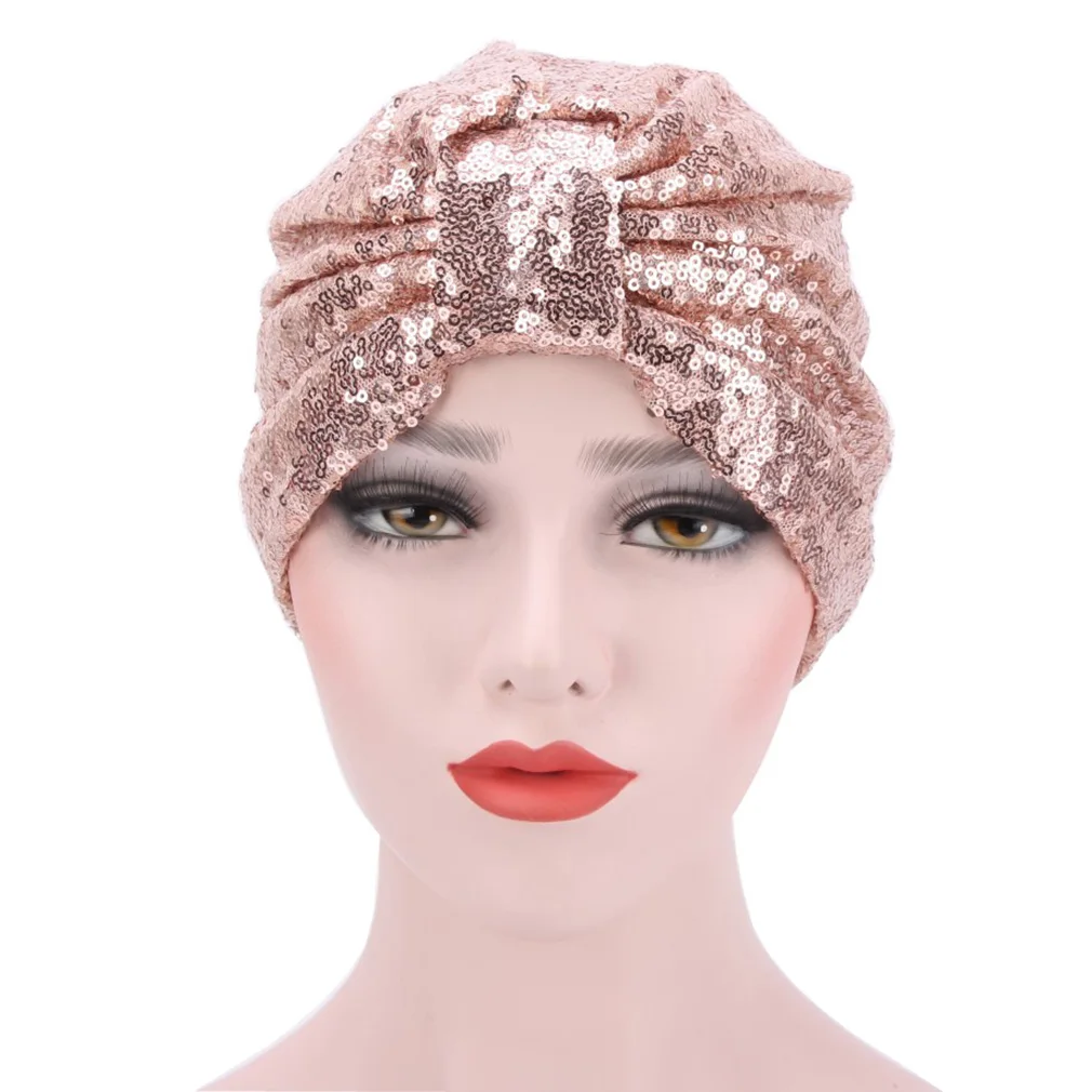 

2019 New Elegant Women Sequins Headscarf Caps Wrap Head Turban Soft Knotted Turban Beanie Cap Turbante For Ladies