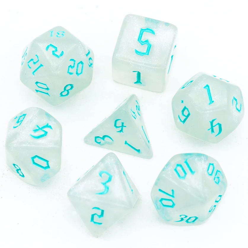 Poludie 7 шт./компл. голубой шрифт игральные кости DND Set D4 D6 D8 D10 D % D12 D20 полупрозрачные