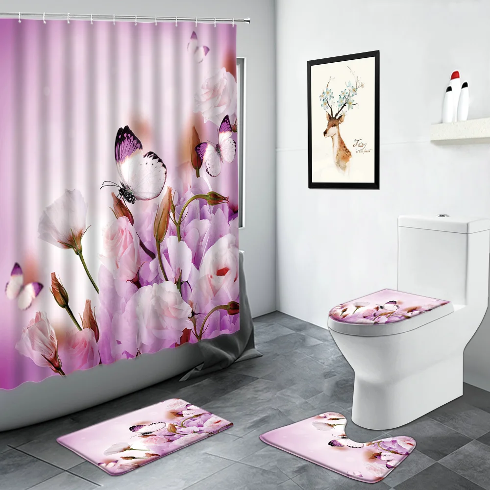 

Pink Rose Flowers Shower Curtains Butterfly Sunflower Tulip Floral Plant Rural Scenery Bathroom Rug ​​Bath Mat Non-slip Mats Set