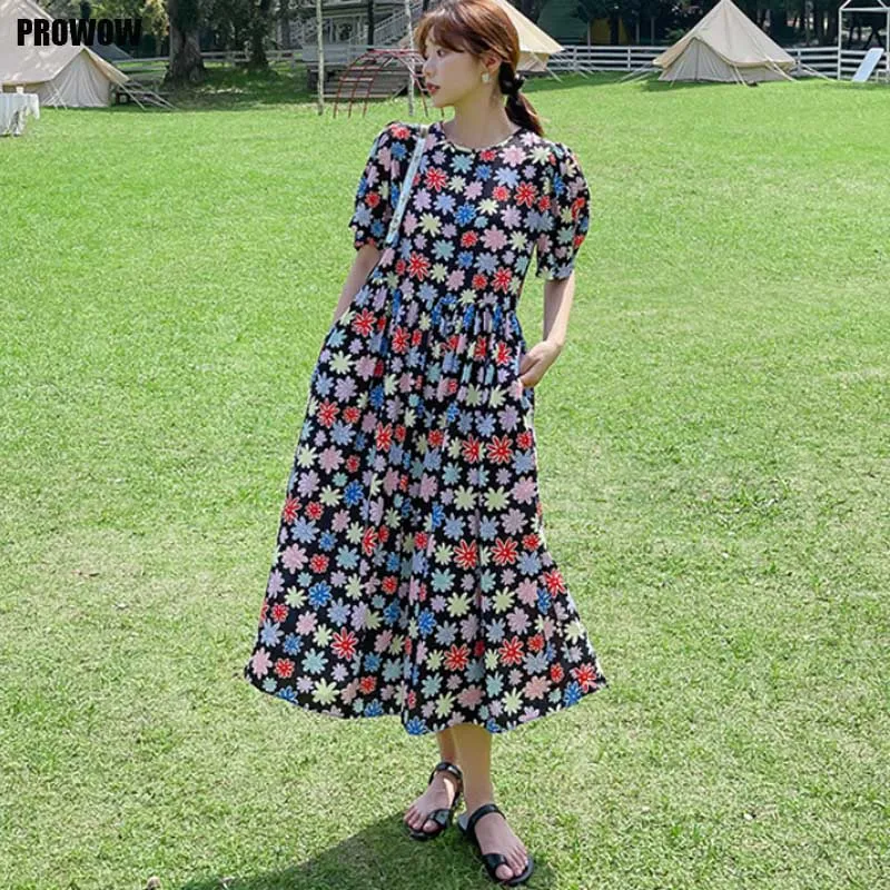 

One-Piece Elegant For Women Floral Dress Korean Fashion Summer New Dress 2021 Lady French Hedging Round Neck Dress Midi Dress