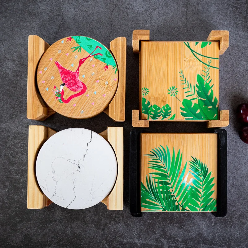 

Water absorbing coaster storage box bamboo wooden coaster 4-piece storage tray rack