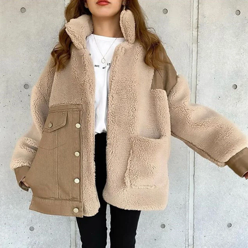 

Women Winter Lapel Harajuku Lamb Cashmere Jacket Coat