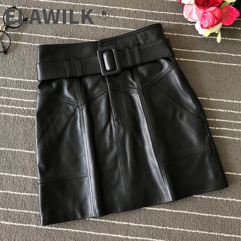 

Chic women's belt leather skirt Autumn real leather A-line skirt A685