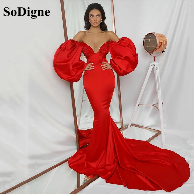 SoDigne Vestidos de Noche de satén de sirena roja, manga corta, para baile de graduación, formales para mujer, para ocasiones especiales, personalizados (0)