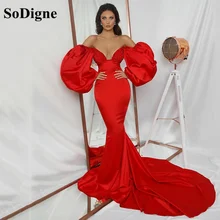 SoDigne Vestidos de Noche de satén de sirena roja, manga corta, para baile de graduación, formales para mujer, para ocasiones especiales, personalizados (4)