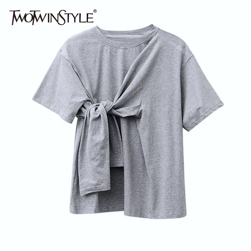 

TWOTWINSTYLE Ruched Casual T Shirt For Women Crewneck Short Sleeve Loose Minimalist T-shirts Female 2021 Summer Fashion Clothing