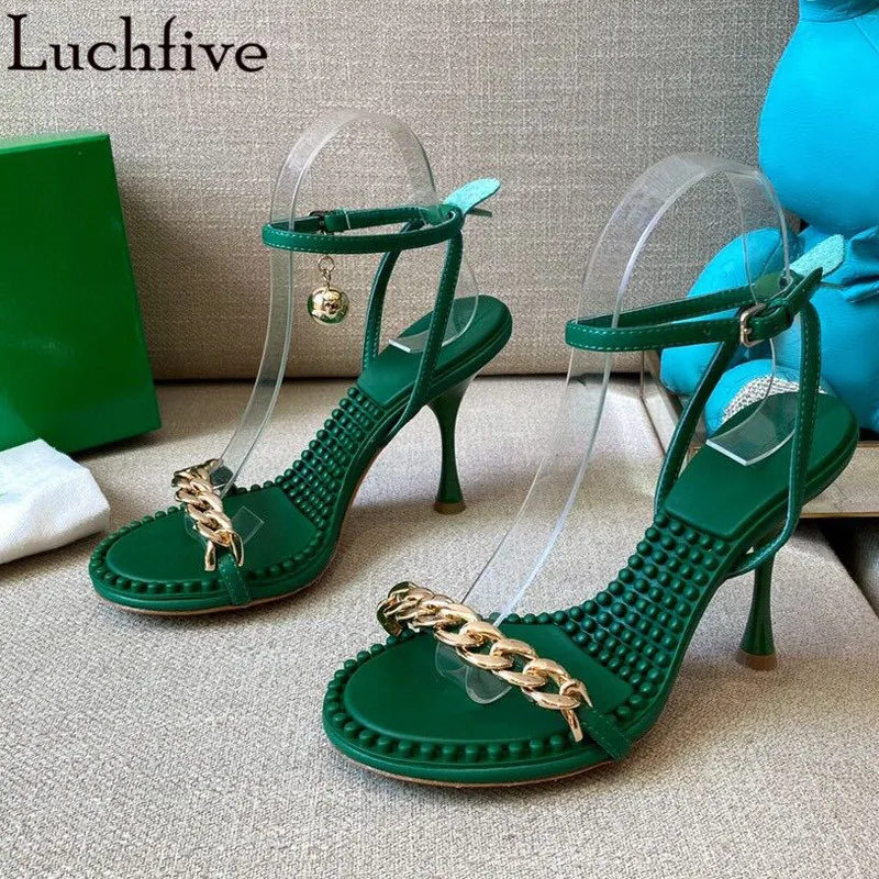 

Женские сандалии с цепочкой и ремешком, туфли с открытым носком и ремешком на щиколотке, туфли зеленого цвета на высоком каблуке, 2021