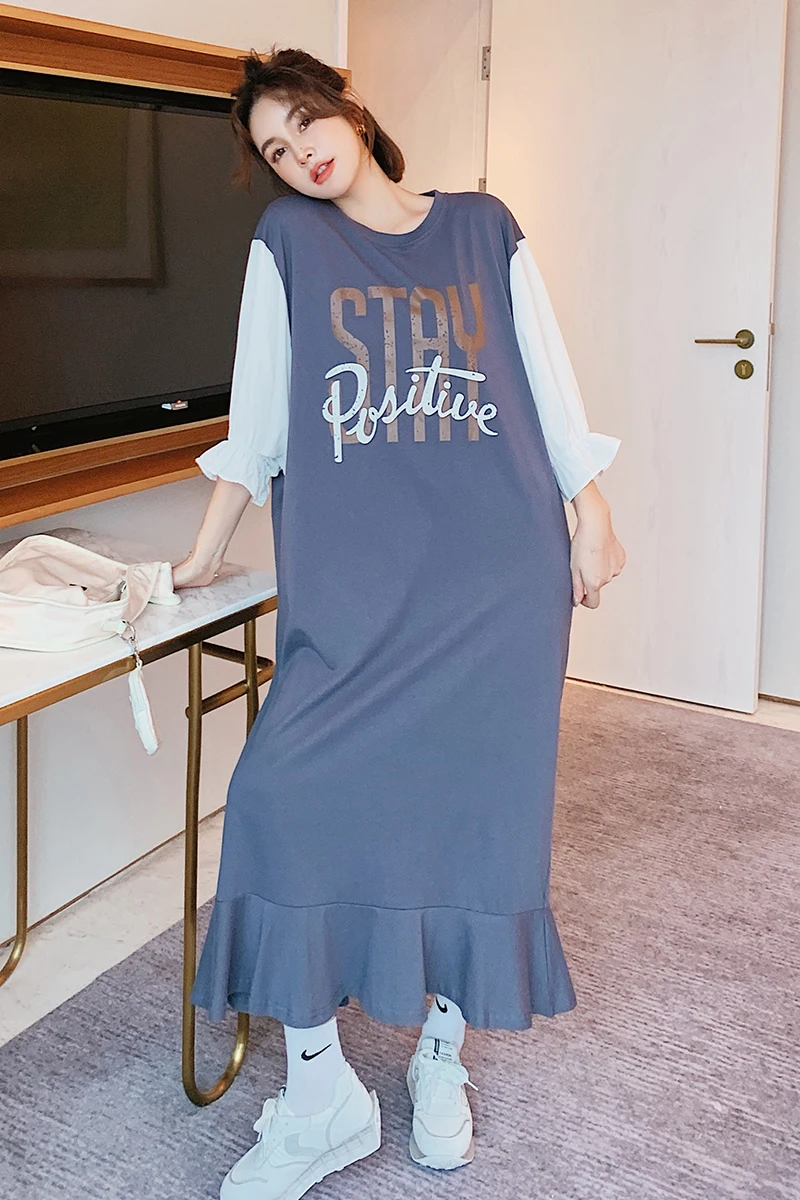 

Fashionable summer new long section stitching flower sleeve ruffled short sleeve dress