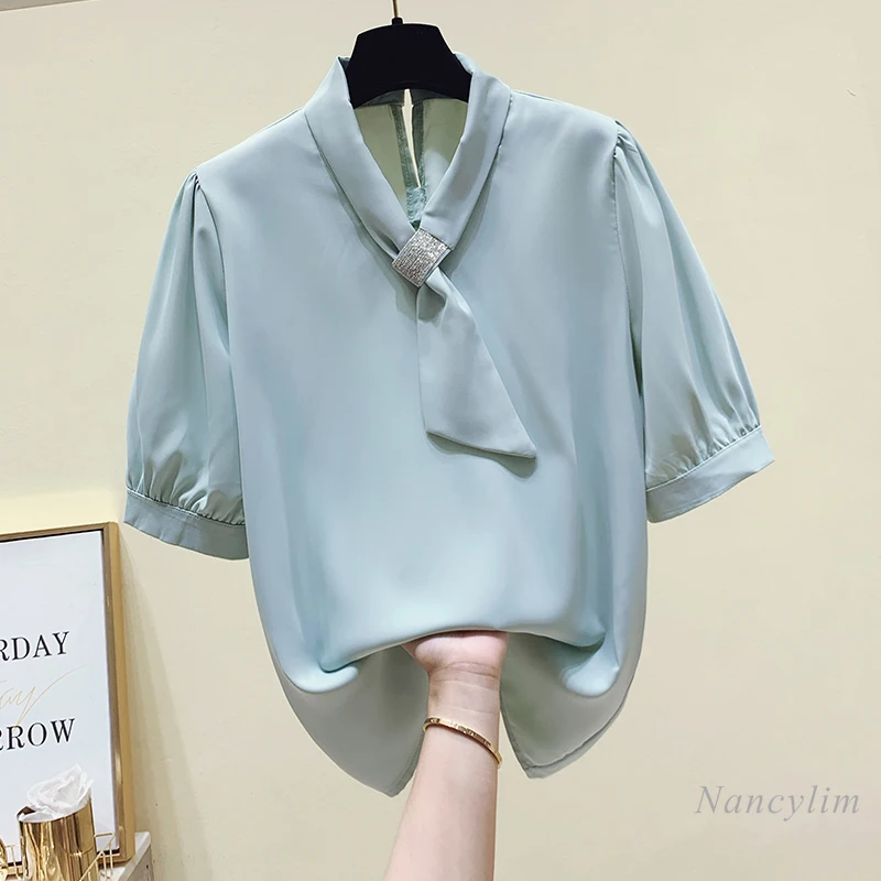 

Short Sleeve Chiffon Blouse Woman Summer Lace-up V-neck Shirt Lady Top Blue Blusas Mujer De Moda 2021 Nancylim