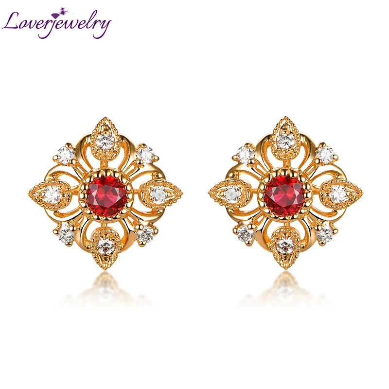 

LOVERJEWELRY Women Ruby Studs Earrings Pure 18kt/AU750 Yellow Gold Red Ruby Inlay SI Diamonds Post Earrings For Wedding Jewelry