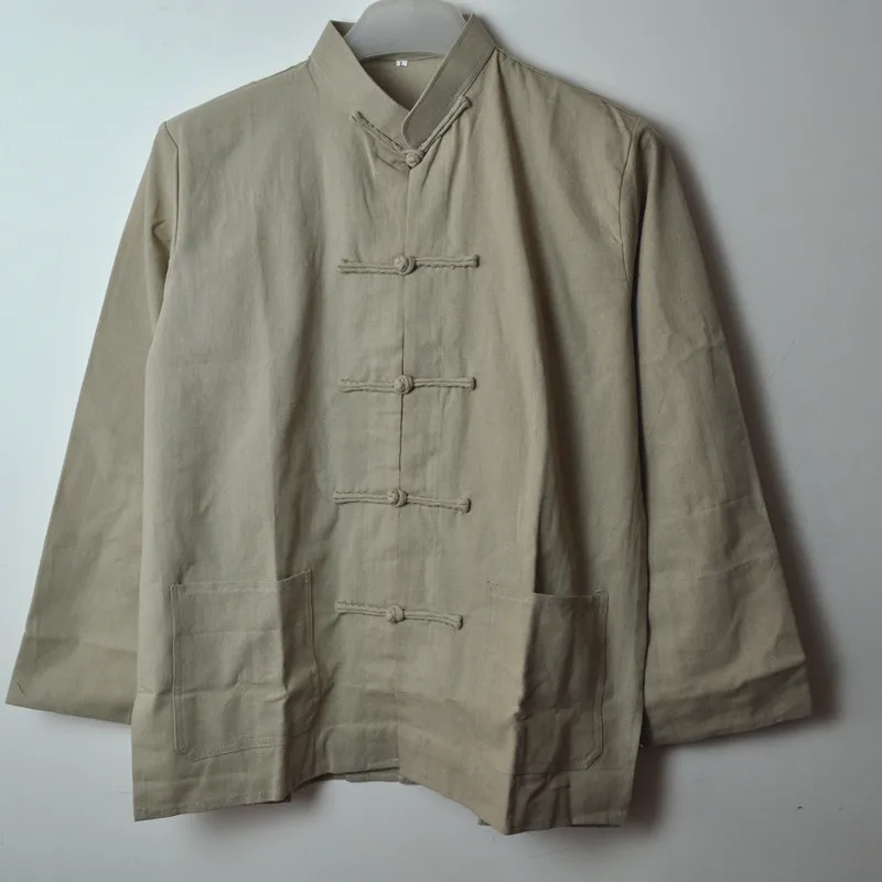 Мужские хлопковые мужские льняные рубашки с воротником стойкой в китайском