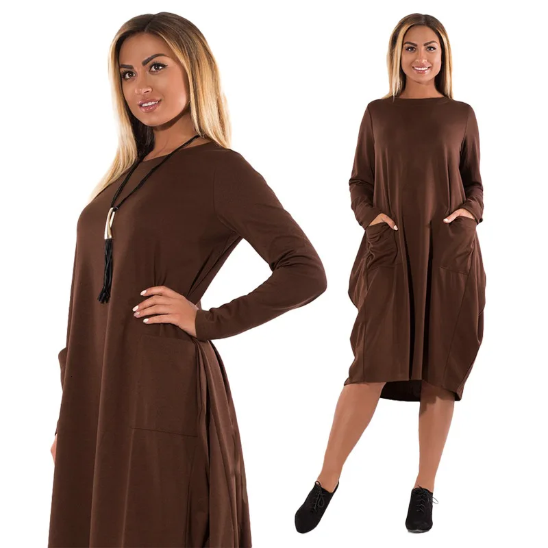 Женское длинное платье с карманами свободное круглым вырезом и для беременных