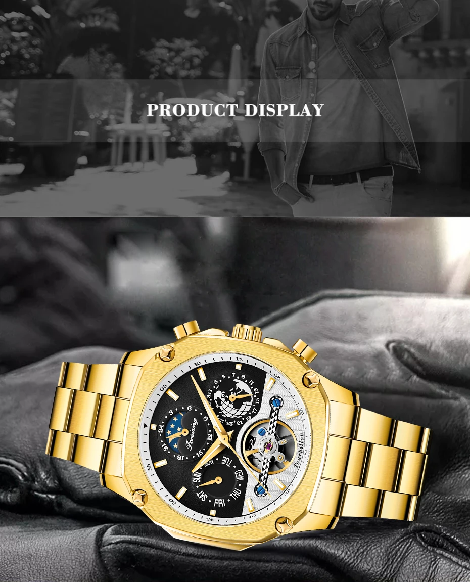 FORINING мужские часы автоматические механические часы Moon phase Tourbillon часы для мужчин s Скелет Мужские часы Relogio Masculino подарки