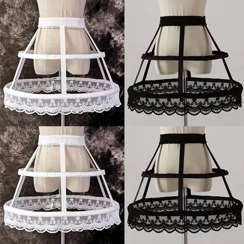 

652F Women Victorian Petticoat 2 Hoops Crinoline Lolita Fishbone Cage Lace Underskirt