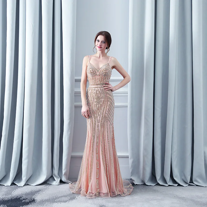 Robe De Soiree Вечерние платья Русалка Тюль Спагетти ремень открытая спина развертки бисером реальное изображение Выпускные платья LSX116