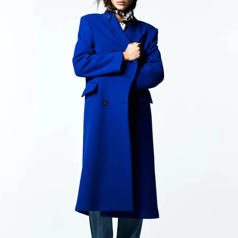 

Женская Длинная шерстяная куртка, двубортное утепленное пальто с длинным рукавом, голубое пальто, верхняя одежда, зима 2021