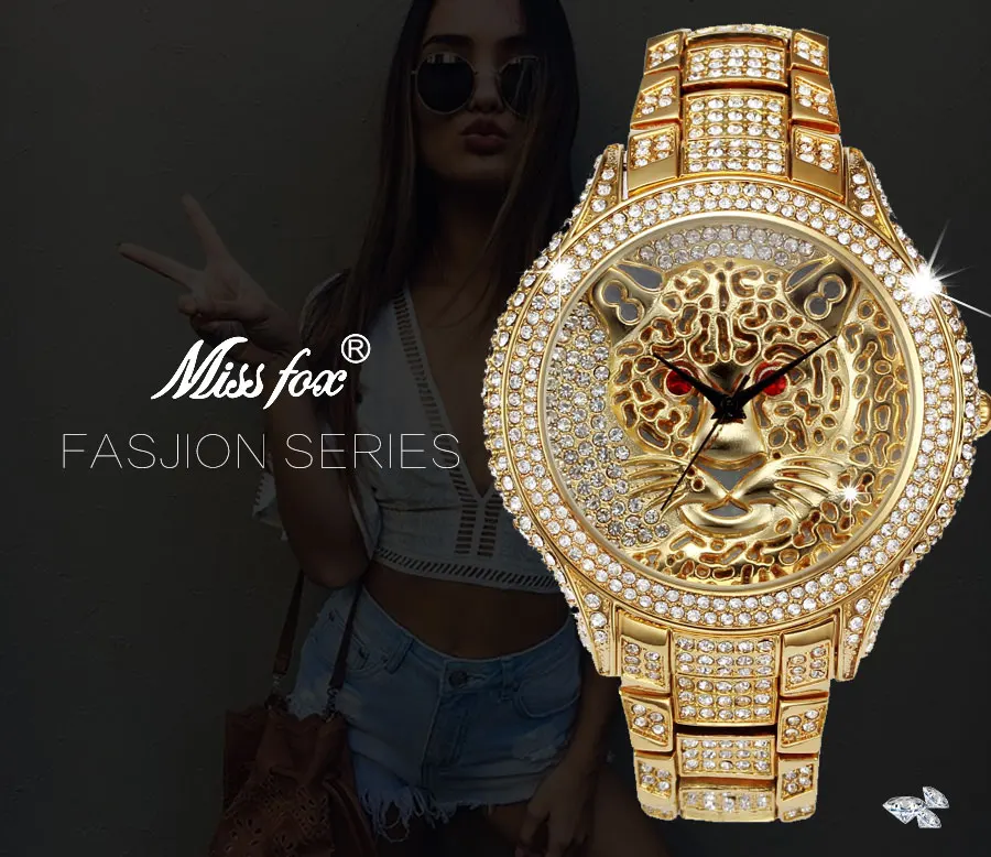 MissFox Miss Fox Брендовые женские часы Роскошные Кварцевые женские часы с тигром повседневные наручные часы из натурального серебра и золота