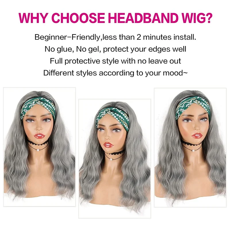 

Grey Deep Wave Wigs for Women Short Loose Wave Headwrap Wig Glueless Machine Made Synthetic Water Wave Headband Wig