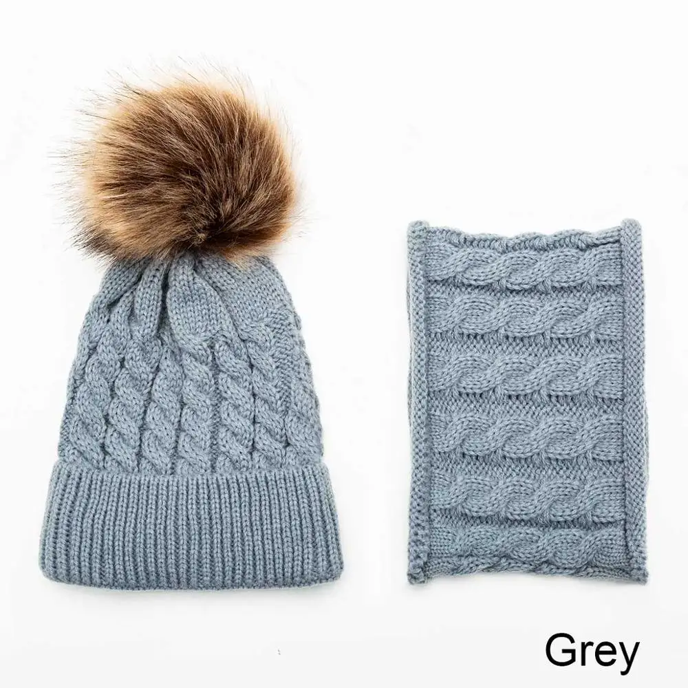 gray Модный комплект одежды из 2 шт./компл. зимняя шапка и шарф, набор вязаный однотонный Цвет, шапка с помпоном, осень-зима теплый костюм для мальчиков и девочек, Кепки 0-3 лет - Цвет: gray