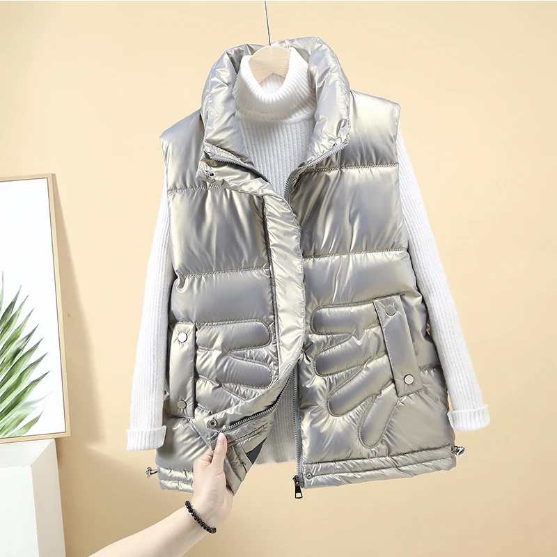 

2021 New Cartoon Short Gloosy Parka Coat Sweet Autumn Winter Jacket Women Casual Sleeveless Stand Collar Parka Ladies Tops