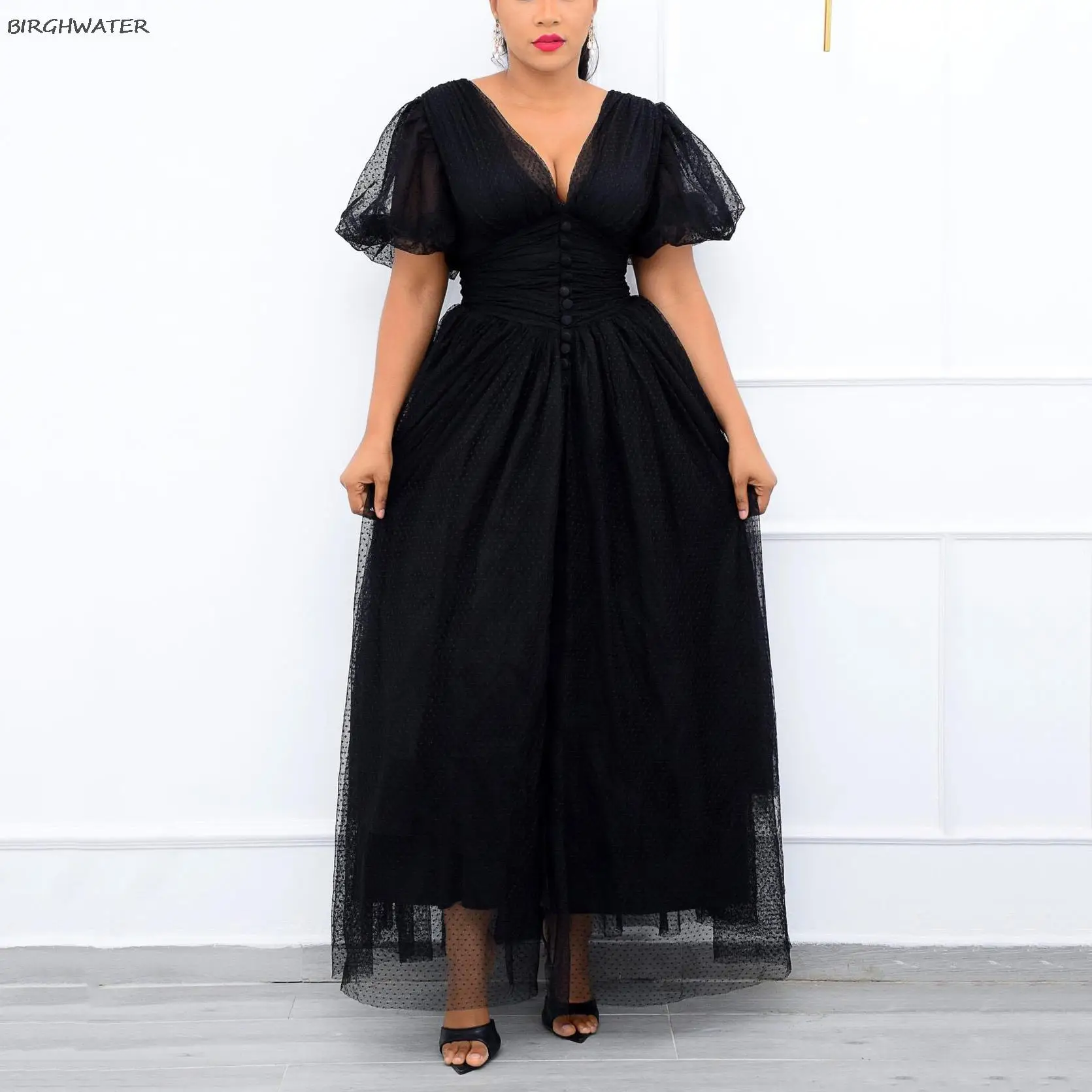 

Elegant Black Lace Dresses for Women High Waisted V Neck Ankle Length Fashion Evening Night Party Vestidos Mujer Dress 2021 New