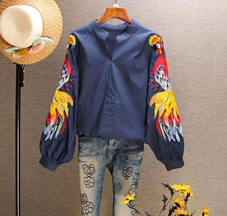 Женская весенне-осенняя хлопковая рубашка с вышивкой Феникс винтажная Свободная