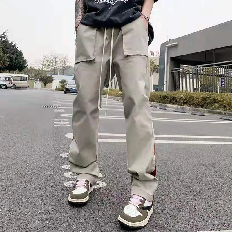 Straight Drawstring Pants High Street Pockets Color Cargo Block Oversize Mens Casual Overalls Harajuku Loose Trousers Streetwear