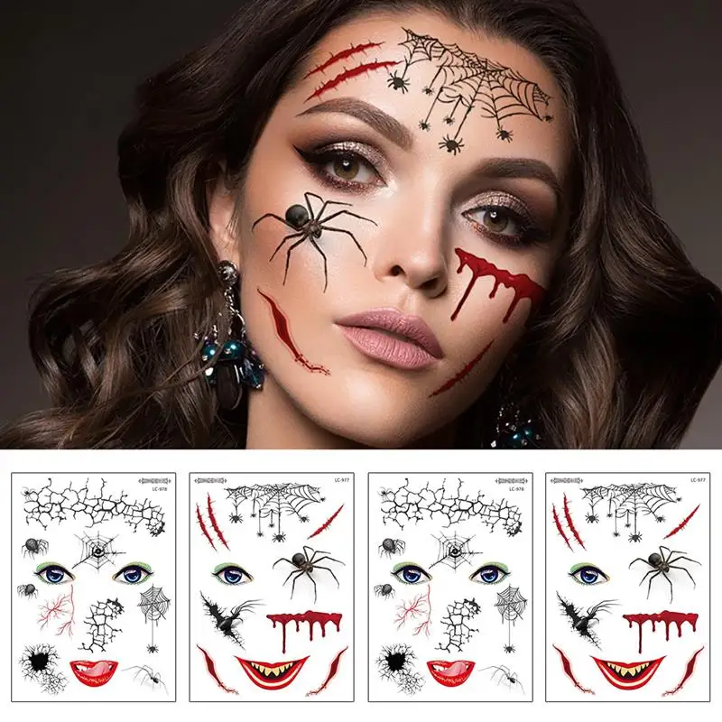 

8 Sheet Halloween Face Sticker Scary Spooky Temporary Face Tattoo Makeup Disposable tattoo stickers Body Art Tattoos for Face