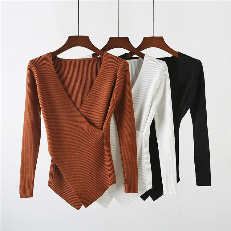 

Spring 2018 sexy irregular hem T-shirt women's short cross V-neck knit top slim T-shirt