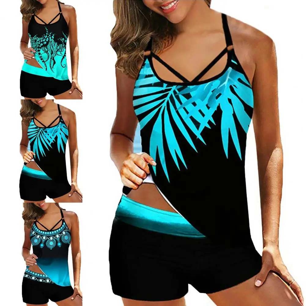 

Women Sexy Blue Printed Swimsuit Set Strap Cross Back Swimwear 2021 Summer New Female Beach Bathing Suit Two Pieces Plus Size
