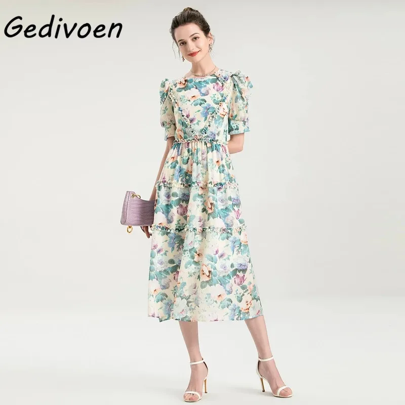 

Gedivoen Designer Summer New Flowers Print Fashion Party Dress Women'S Vintage Elegant Puff Sleeve Midi Chiffon Dress
