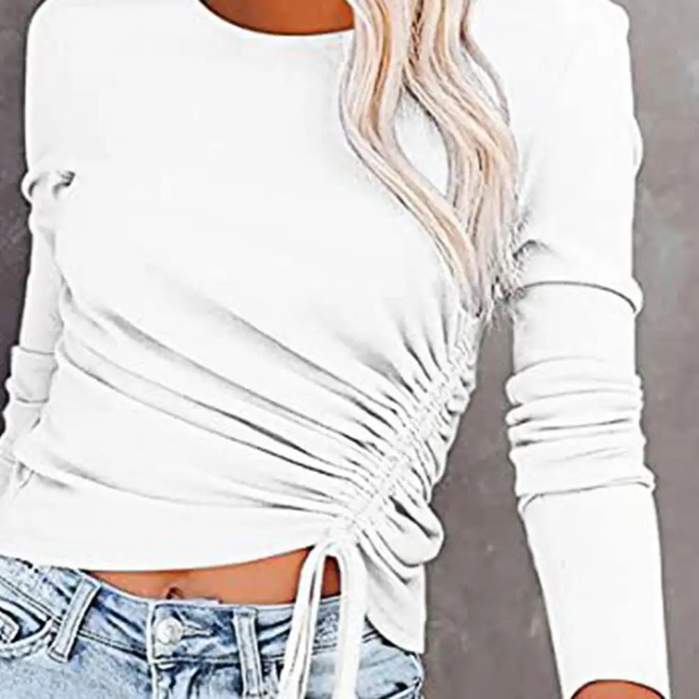 

Basic Solid Color Women T-shirt Long Sleeve Autumn Shirring O Neck Tunic Blouse Streetwear Fashion Office Lady Slim Casual Tunic