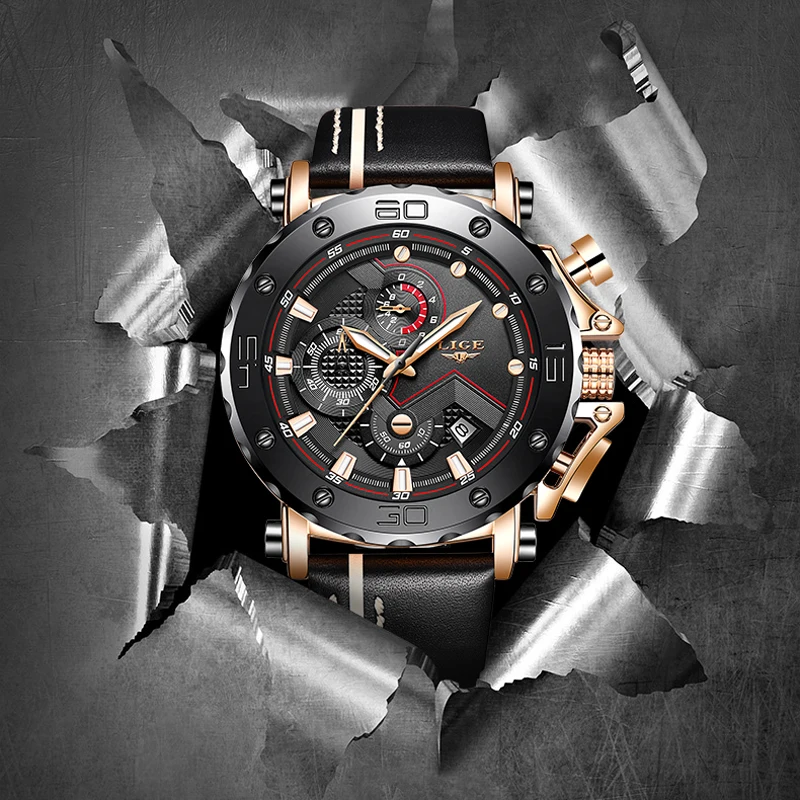 

2021 LIGE New Fashion Mens Watches Top Brand Luxury Military Dial Quartz Watch Leather Waterproof Sport Chronograph Watch Men