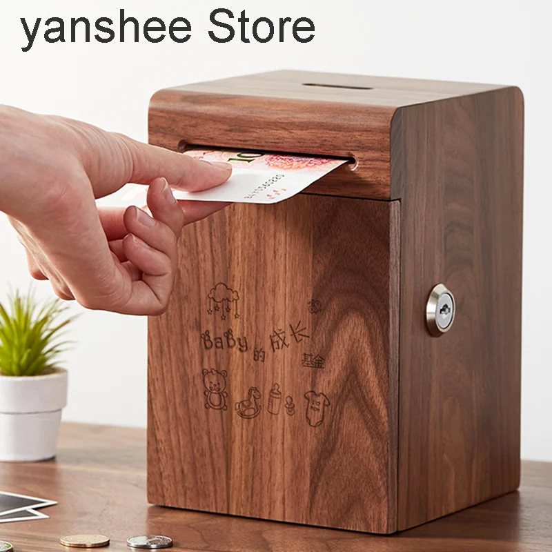 

Beech creative children's wooden box, high-capacity coin anti-theft padlock accessories, bank bills, home decorations.
