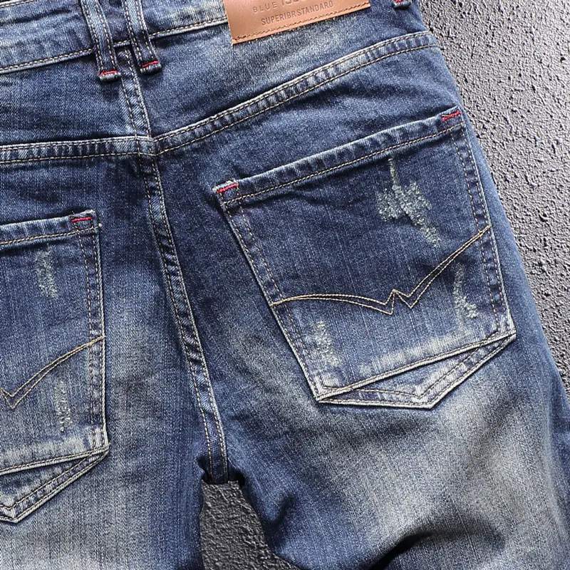 Italian Style Fashion Men Jeans High Quality Retro Blue Slim Ripped Jeans Men Vintage Designer Frayed Hole Casual Denim Pants