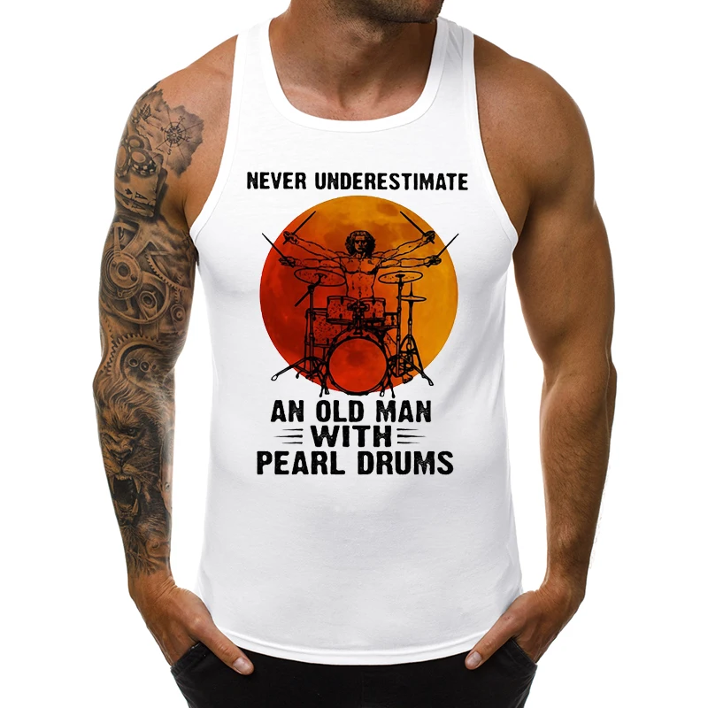 

Funny Old Man With Pearl Drums Men Tank Tops Fashion Vintage Blood Moon Printed Sleeveless Tee Hipster Singlet Casual Vest