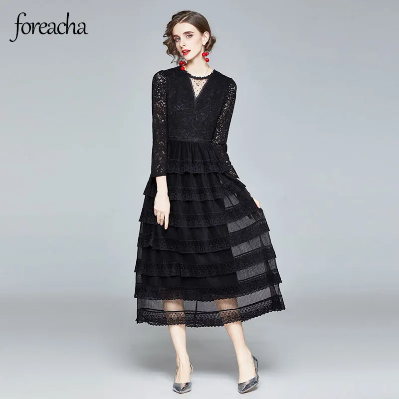 

foreacha womens hollow micro stretch dress round neck high waist lace cake dress Women fashion Long skirt black Vestido elegants
