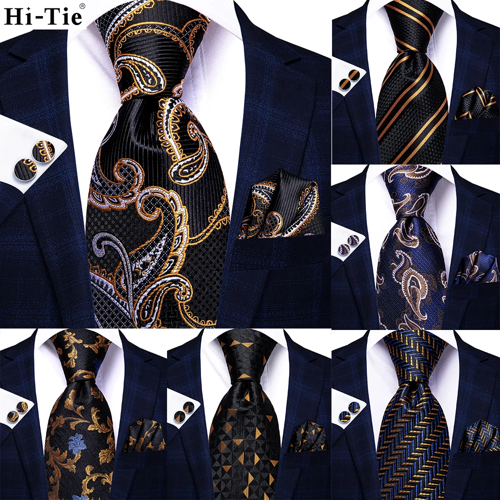 

Привет галстук черный золотой Пейсли Шелковый Свадебный никель для мужчин полосатый носовой платок запонки подарок мужской s никель набор ...