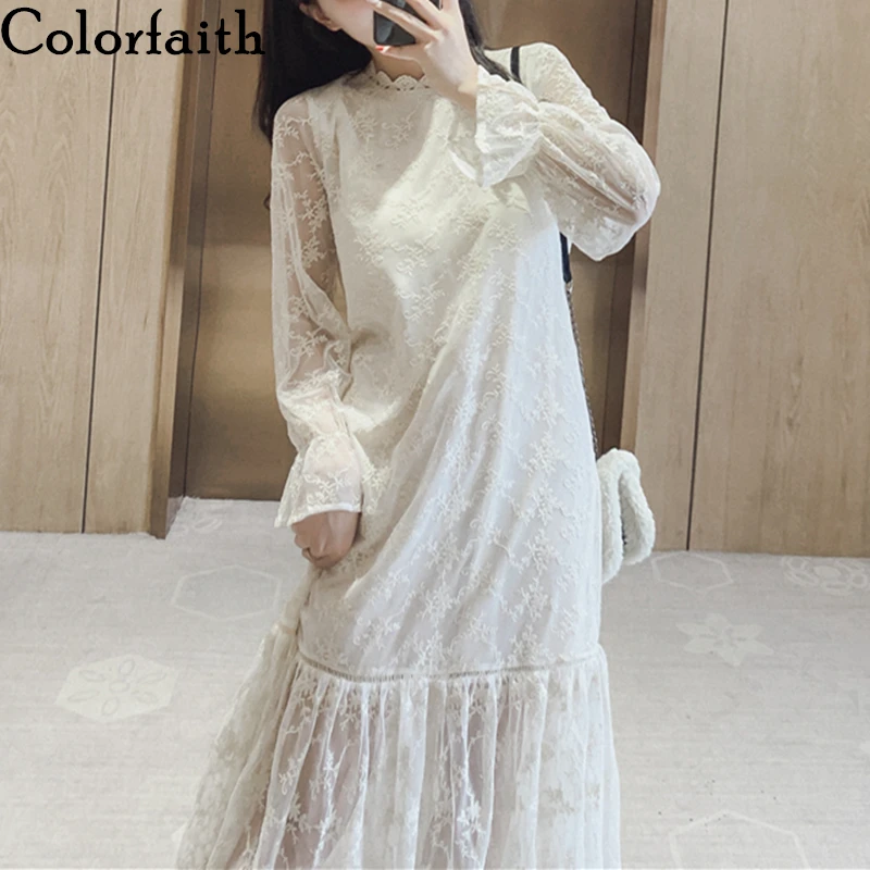 Colorfaith новинка 2020 весна-лето женские платья кружевные Cochet с оборками