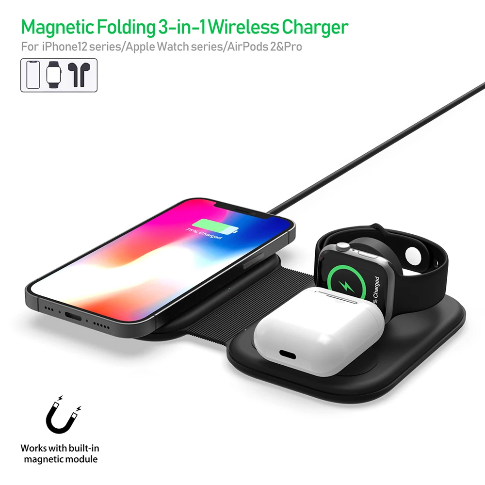 

Folding 3in1 Magnetic Wireless Chargers Pad Qi Smart Fast Charging Station for Mag safe iPhone 12 pro Max headset iwatch charger