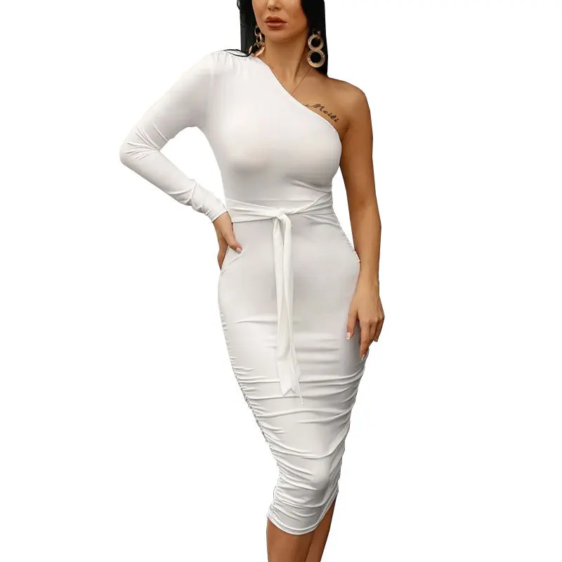 

Women Elegant Fashion Sexy White Cocktail Party Slim Fit Dresses One Shoulder Belted Ruched Design Bodycon Midi Dress